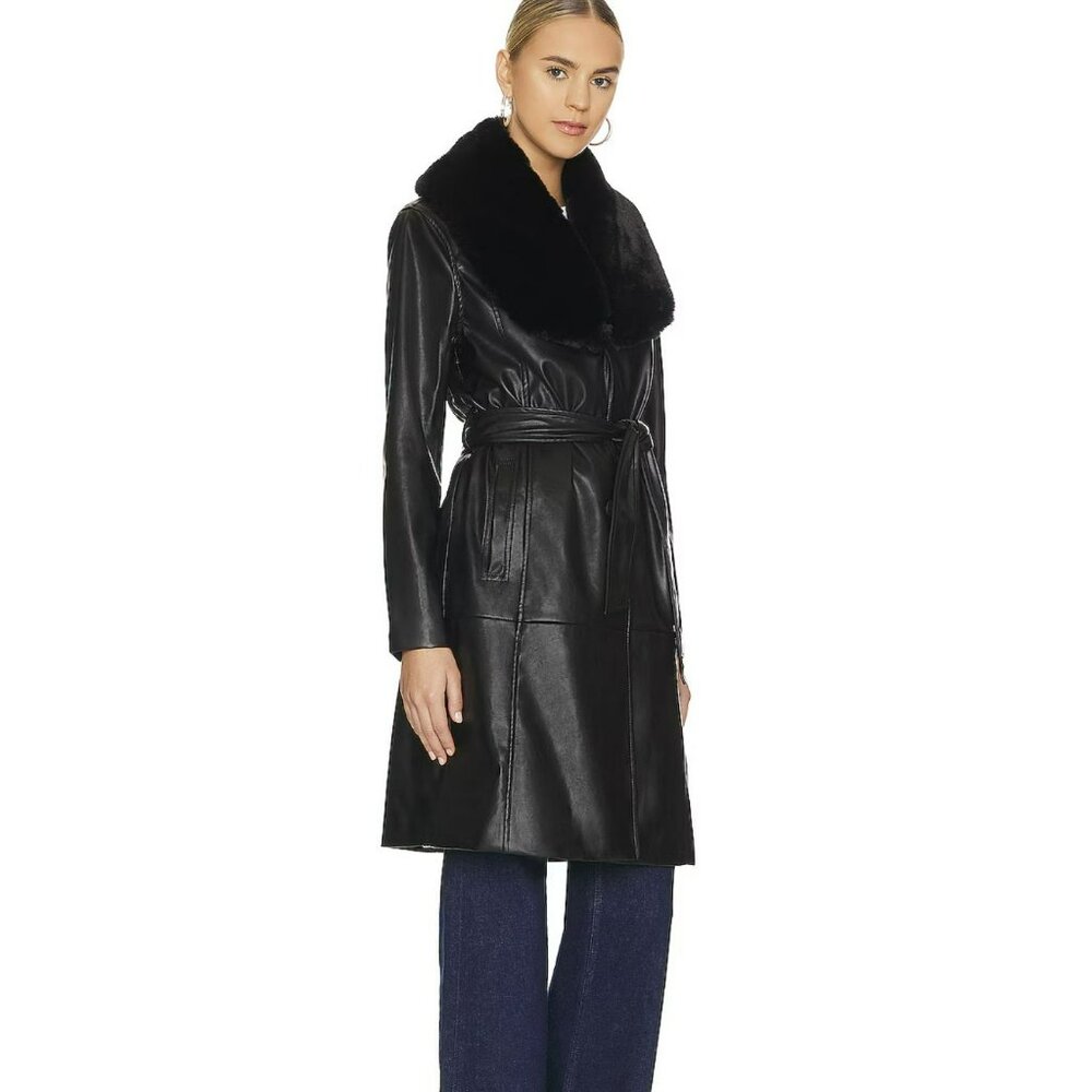 Revolve Blank NYC Black Fur Trench Coat Large Vegan Faux Leather Jacket NWT - Picture 5 of 11